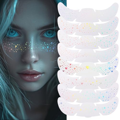 8PCS Glitter Freckles, Glitter Freckles Face Tattoo, Sparkle Freckles for Women and Kids, Cute Star Waterproof Gold Temporary Face Tattoos Glitter Glow Up Patches (8PCSA Holographic Multicolor)