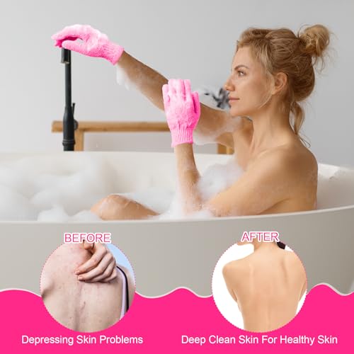 Cuffbow 90 Pcs 45 Pairs Exfoliating Double Sided Bath Gloves with Hanging Loop Colorful Body Shower Gloves for Men Women Beauty Spa Massage Shower Clean Skin Bathing Scrubber Accessories(Pink)