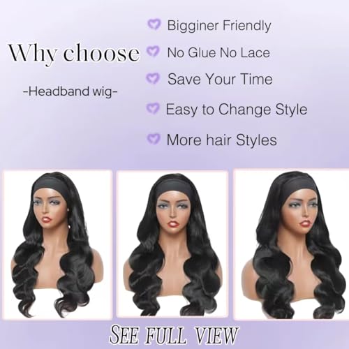 Headband Wig Human Hair Body Wave Wigs None Lace Front Wigs 100% Human Hair Brazilian Virgin 150% Density Natural Color (22inch)