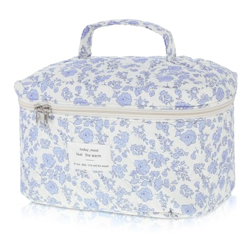 Large Makeup Bag, Cute Quilted Makeup Bag for Women, Travel Cotton Make Up Organizer Bag, Floral Coquette Aesthetic Toiletry Bag, Gift For Daughter, Preppy Things For Girls