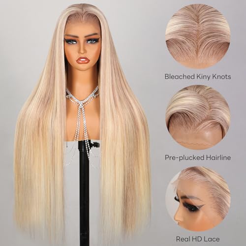 P10/613 Lace Front Wig Human Hair 13x4 Wear And Go Glueless Wigs Human Hair HD Blonde Highlight Lace Front Wig Light Brown Pre Plucked 240% Density (18inch, P10/613 Straight Wig)