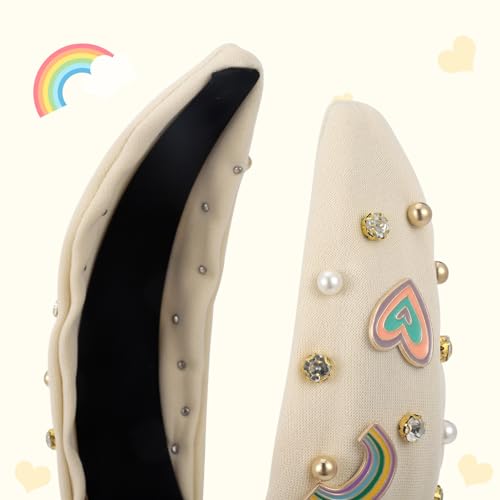 Boho Rainbow Daisy Headband - Pearl Knotted Twist Headpiece for Women & Girls, Beige, Sparkly Crystal Rhinestone