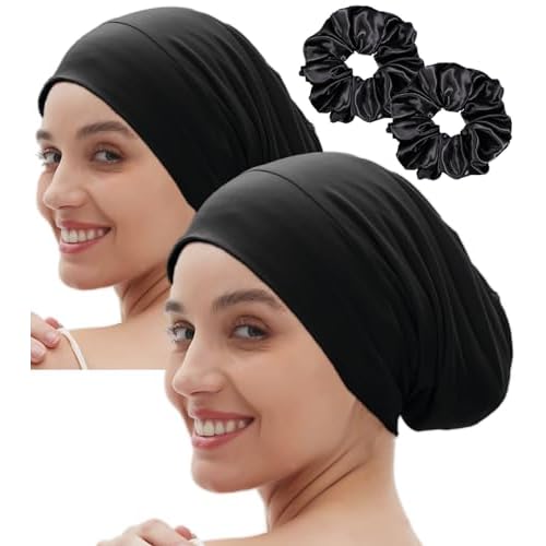 Satin Bonnet for Sleeping Night Cap, Satin Lined Silk Bonnet Large Sleep Cap for Curly Braids Hair Beanie Black Women