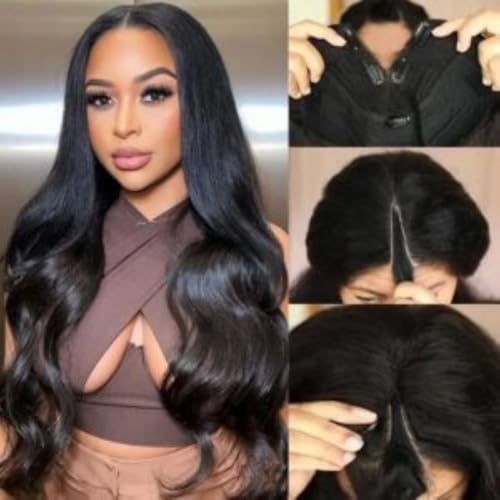 She Real Half Wig Human Hair Curly Straight Body Wave Brazilian for Black Women U Part No Sew in Glueless (Natural Black, 20 inch Body Wave 250% Density V Part Wig)