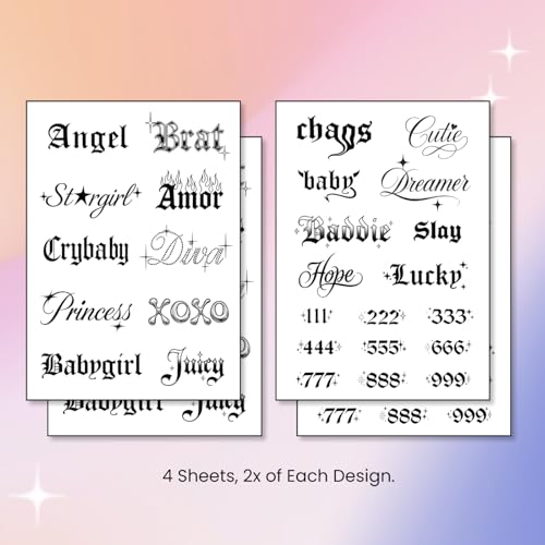 Sassy Script Temporary Tattoos | Y2K Gothic Words and Angel Numbers | Realistic Waterproof Fake Tats | Angel, Brat, Princess, Babygirl, Diva