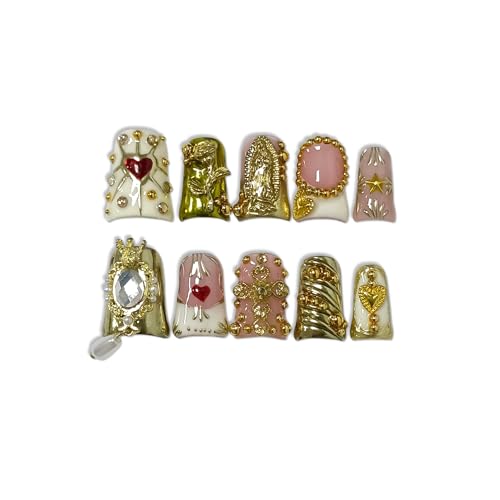 10Pcs Ballerina Press On Nails With Tools,Egyptian Palace Relief Glue on Nails with Gold Cross & Pearls,Handmade 3D Saint Charms Fake Nail Kits, Vintage Epic Acrylic Coffin Duckbill Nails(L)