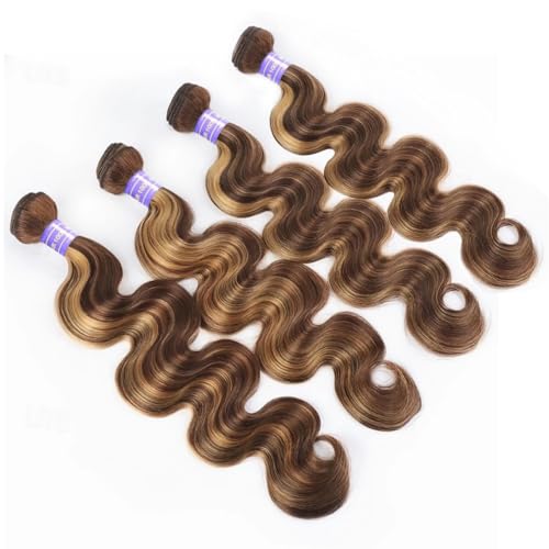 Perstar Highlight Human Hair Bundles Honey Blonde Body Wave 4 Bundles 18 20 22 24 Inches 100% Brazilian Virgin Hair Ombre 4/27 for Women Colored Human Hair Sew In Weave
