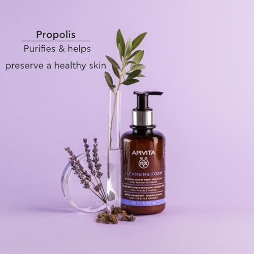 Apivita Cleansing Foam | Hydrating & Soothing Cleansing Creamy Foam for Face & Eyes with Olive, Lavender & Propolis, 200 mL / 6.67 oz