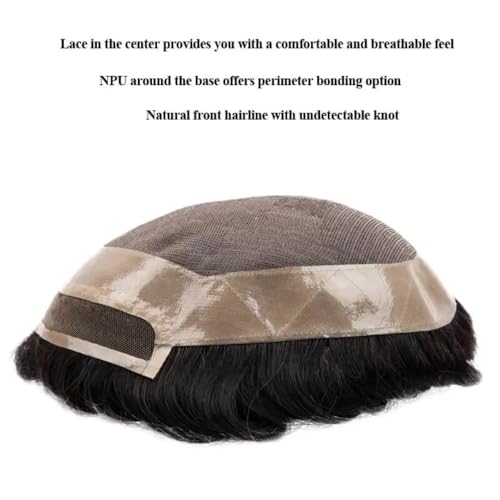 Toupee for Men Human Hair Wigs Mens Toupee Mono Base with Lace Front Hair Units Curly Wave Mens Wig Toupee Hair Real Human Replacement System for Man Freestyle Natural Wig #1B Off Black (7x9")