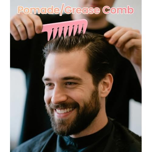 6PCS Professional Hair Comb Set for Women & Men Rat Tail, Wide & Fine Tooth Combs for Curly Hair, Braiding, Barber Styling, Cutting & Parting (Pink)
