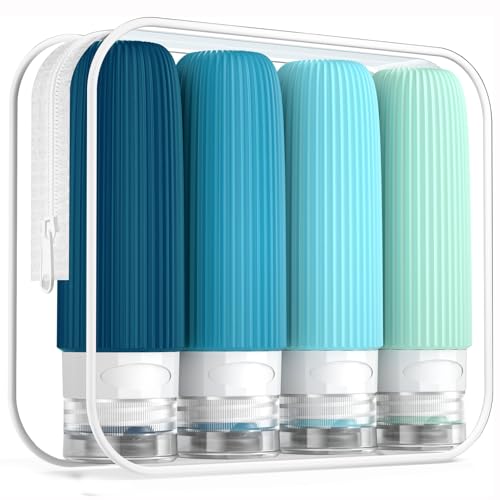 Travel Bottles for Toiletries, Tsa Approved 3oz Portable Travel Bottles, BPA Free Leak Proof Squeezable Silicone Travel Size Containers, Travel Accessories with Clear Toiletry Bag (4 Pack)