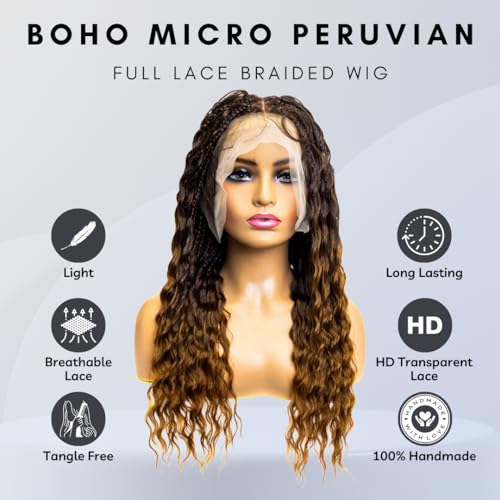 PIB Single Full Lace Braid Wig ? Micro Boho Peruvian Deep Wave Box Braided Wig, Knotless Braided Wigs for Black Women, Curly Hair Wig (#1B30 Off Black and Brown, 24")