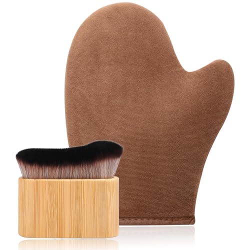 2 in 1 Streak-Free Natural Tanning Mitt, Leakproof-lined Self Tanner Mitt, Reusable Self Tanning Mitt and Brush, Self Tanner Brush for Self Tan Mit for Apply Tanning Lotion, Mousse, Sunscreen