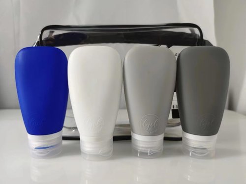 LYOB Travel Bottles for Toiletries, TSA Approved 3oz Leak Proof Silicone Refillable Squeeze Travel Size Containers BPA Free for Cleansers, Lotions, Shampoo, Conditioner 4pk With Bag(W,G,Blk,Bl)