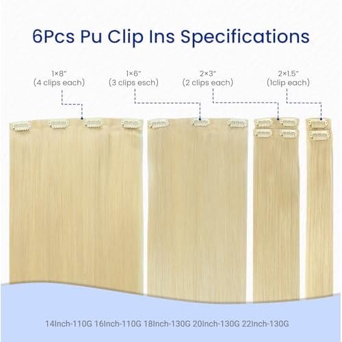 Worldstar Seamless Clip in Hair Extension Blond Invisible Hair Extensions Clip Ins #60 Platinum Blonde PU Weft Clip in Human Hair Extensions Add Volume Natural Ends 16 Inch 6 PCS 110 G (pu#60-16£©