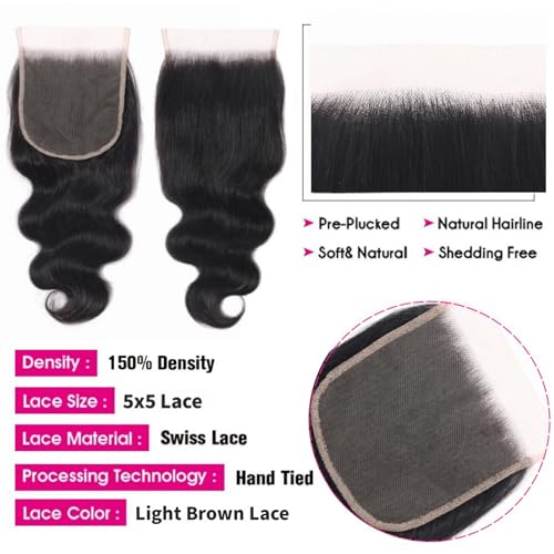 5x5 Transparent HD Lace Closure Human Hair Body Wave Human Hair Closure Invisible Swiss HD Lace Closure Pre-plucked Natural Black (5x5 lace closure, 16inch)