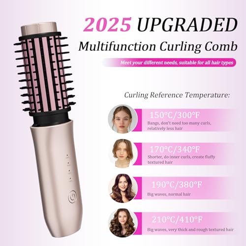 Cordless Hair Curling Iron Brush, Travel Curl Brush, 3-in-1 Portable Curling Iron Cordless, Plasma Thermal Hair Brush, 7000mAh USB Rechargeable Curlings Wand, Mini Hot Curlings Brush-Blush Pink