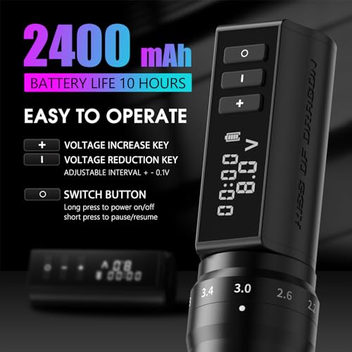 Tattoo Gun - Kiss of Dragon 2400mAh Rotary Tattoo Machine with 6 Adjustable Stroke Lengths, Coreless Motor Options Dual batteries for longer working time-Professional Tattoo Artis