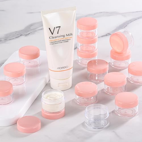 Refillable Cosmetic Sample Jars - 100 Pack 15g (0.5oz) Pink Small Travel Containers with Lids + 10 Mini Makeup Spatulas - BPA Free