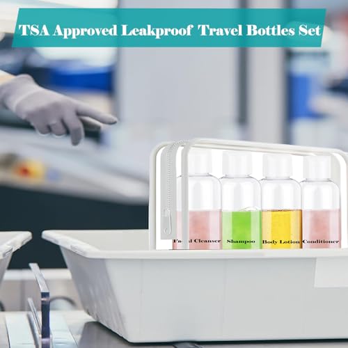 Clear Toiletry Travel Bottles, 3.4oz/100ml TSA Approved Empty Containers with Toiletry Bag - Cosmetic Kit with Labels for Shampoo, Conditioner, Lotion, and Airplane Accessories(4Pack, White)