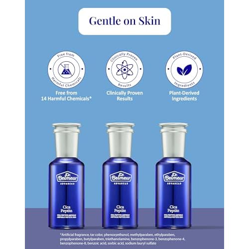 Dr. Belmeur Advanced Cica Ampoule (1.7fl oz) - Soothing, Hydrating Serum for Sensitive Skin. Korean Skin Care. Centella Asiatica, Peptide Complex.