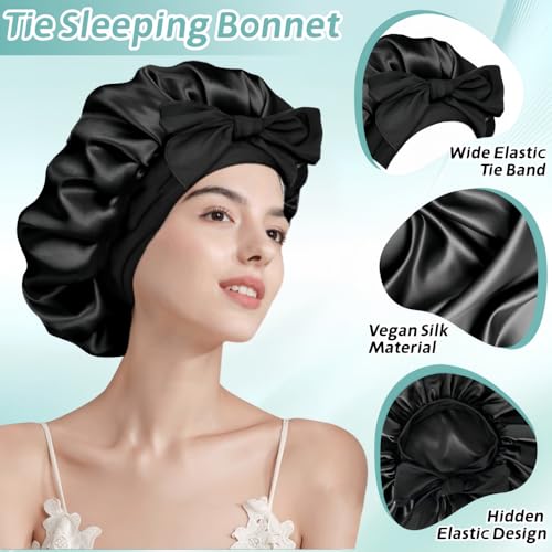 Silk Bonnet for Sleeping Women, Ajustable Hair Bonnet for Curly Hair with Tie Band Shower Caps Black£¬Large