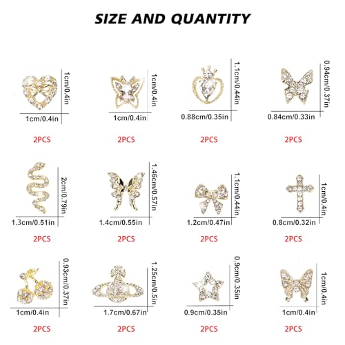 24PCS Nail Charms Y2k Alloy Nail Art Rhinestone Charms 3D Heart Bow Butterfly Charm with Rhinestones Cherry Nail Gems Shiny Jewelry Nail Decorations Accessories Supplies (SG)