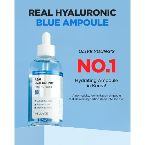 WELLAGE Real Hyaluronic Blue Ampoule 100, Value Review Korean Skincare, Fragrance Free Hyaluronic Acid Serum with Panthenol, Wild yam, Centella, Deep Hydration, Firming, Plumping, Non-Sticky 2 Pack