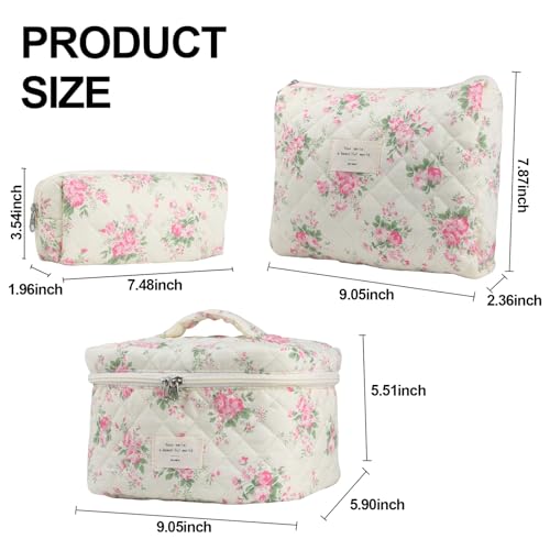 Cute Makeup Bag for Women(3 Pcs), Quilted Floral Coquette Aesthetic Make up Bags, Travel Cosmetic Bags Toiletry Organizer Bag(Pink Flower)