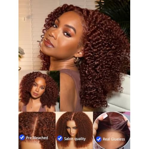 Nadula Reddish Brown Kinky Curly Drawstring Wig Human Hair 200% Density, Pre Cut 13x4 HD Pre Everything Glueless Bye Bye Knots Afro Kinky Lace Front Wigs Pre Plucked with Ear Tape Copper Red 16inch
