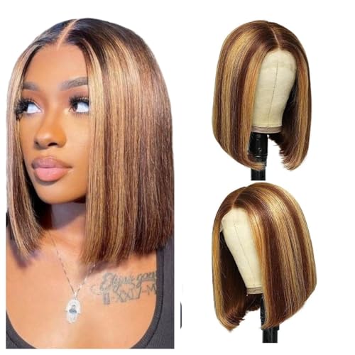 Selina 4x4 Straight Highlight Ombre Bob Wig Human Hair Hd Lace Front Wigs Human Hair Gluless 100% Remy Hair for Women Transparent Lace Wig 12 Inch