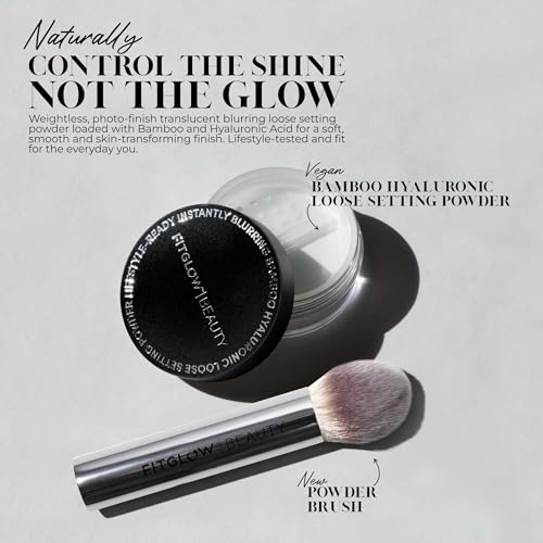 Fitglow Beauty Bamboo Hyaluronic Loose Setting Powder + Brush | Translucent Vegan Organic | Weightless Photo Finish | Pore Blurring | Natural Shine & Oil Control Makeup Finishing Powder | .32 oz / 9g