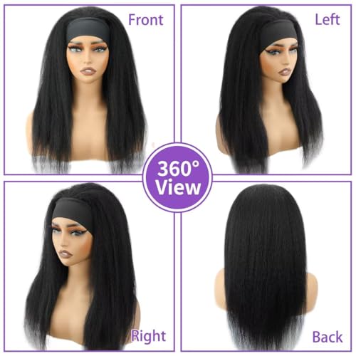 Headband Wig Human Hair Kinky Straight 26 Inch Yaki Straight Headband Wig 200% Density Glueless None Lace Front Wigs for Women Machine Made Wear and Go Wigs Headband Half Wigs Natural Color