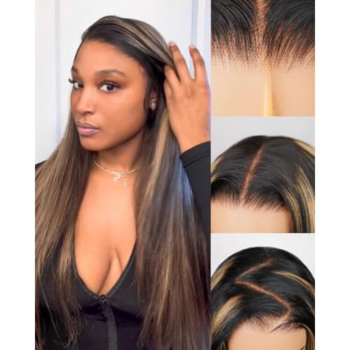 6x5 Wear and Go Glueless Wigs Human Hair Ombre Lace Front Wig Human Hair 220% Density Highlight Straight Wigs Bleached Tiny Knots FB27# 24 Inch