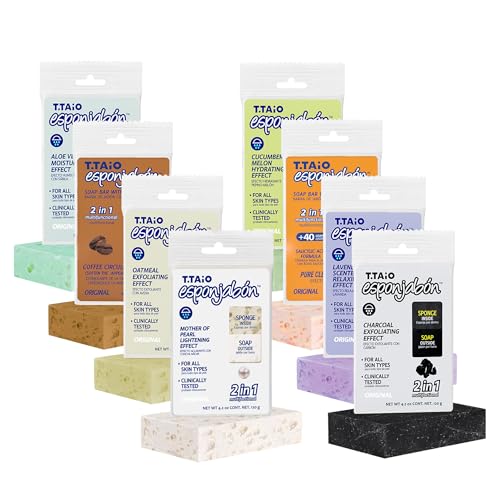 T.Taio Esponjabon Soap Sponge Variety Pack - Shower Scrubber - Bathroom Accessories - Mother of Pearl, Aloe Vera, Lavender, Charcoal, Cucumber-Melon, Oatmeal, Coffee, Pore-Cleansing (8 Pack)