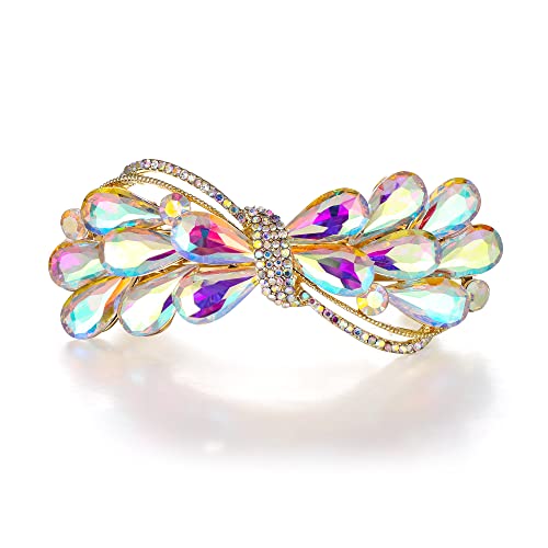EVER FAITH Wedding Austrian Crystal Barrette Clip, Rhinestone Waterdrop Bowknot Hair Accessories for Women Iridescent AB Gold-Tone