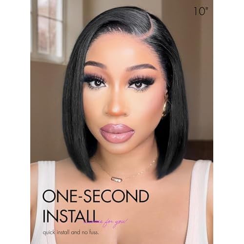 LUVME HAIR Bob Wig 100% Human Hair Wigs Glueless Lace Front 200% Density 12 Inches Bob, Pre Cut Plucked Hd Lace Short Wig Ready To Go Natural Color Straight Bleached Knots Side Part Black Wigs