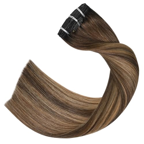 Balayage Hair Extensions Real Human Hair, Ombre Medium Brown Fading to Caramel Blonde 20 inches 120g Highlights 100% Human Hair Natural Straight Woman Beauty Clip ins #4/27/4