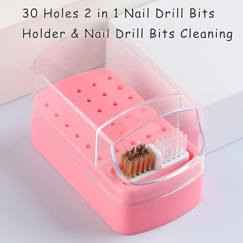 Nail Bit Holder & Nail Drill Bit Cleaner 2 in 1, 30 Holes Nail Drill Holder Organizer Nail Bit Brush Cleaner Drill Bit Holder for Nails Dustproof Stand Displayer Storage Box Tools