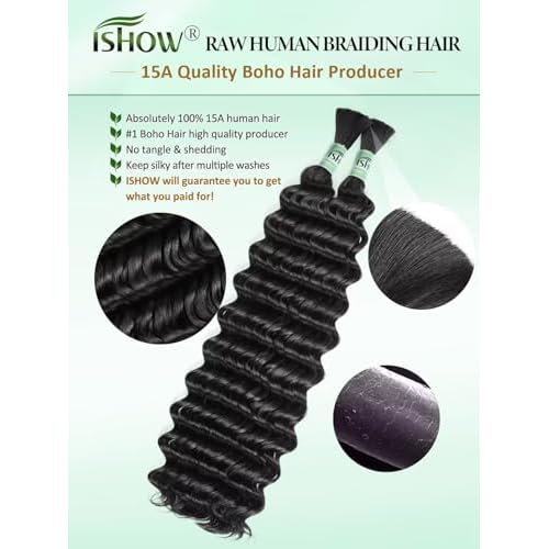 ISHOW Raw Human Braiding Hair, 100% Unprocessed Virgin Human Hair, 15A Deep Wave Boho Hair, 100g 16 Inch (2 Packs), NO.1 Premium Quality Boho Hair Producer, Long Lasting, Color 1B