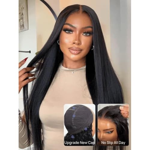 Nadula Bye Bye Knots No Slip Yaki Straight Glueless Drawstring Wig Human Hair with Flexible Mesh Cap Fits All Head, Pre Cut 7x5 Bye-Bye Slip HD Lace Front Pre Everything Light Yaki Straight Wig 16inch