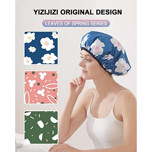 YIZIJIZI Terry Lined Shower Cap,Triple Layer Large Cap for Women,Shower Cap Reusable Waterproof,Long Thick Hair(Blue)