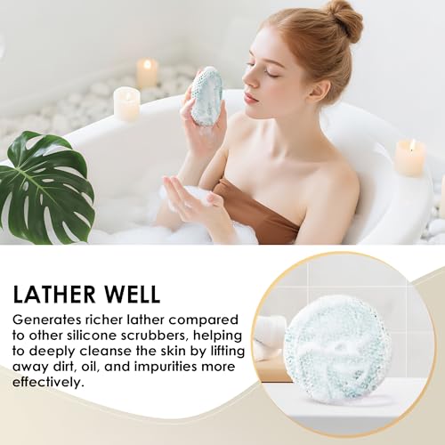 INNERNEED 2 Pieces African Net Sponge Exfoliating Shower Mesh Bath Washcloth Case, with 1 Silicone Body Scrubber Brush (DarkGreen)