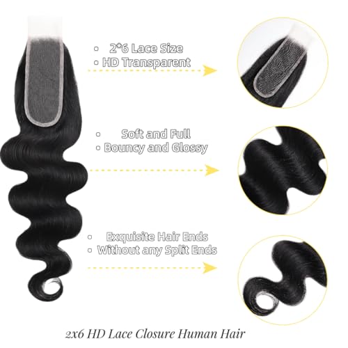 2x6 HD Lace Closure Body Wave Human Hair Transparent 2 by 6 HD Lace Closure 18Inch 100% Brazilian Virgin Unprocessed Middle Part Human Hair Kim K Closure With Baby Hair Natural Color