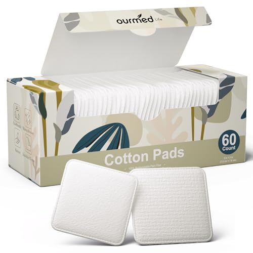 Ourmed Life Large Cotton Pads for Makeup Removal, Soft & Lint-Free Face Pads with Pressed Seam Design, Durable Makeup Remover Pads for Facial Cleansing on All Skin Types, 3x3 Inch, 60 Count