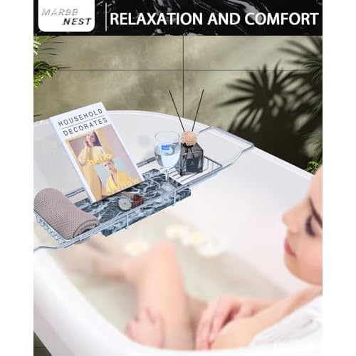 Bathtub Tray Caddy for Luxury Bath Expandable Extra Wide Bath Tub Tray with Natural Marble Tray and Mobile/Tablet Stand, Ideal for Home Spa Lovers(Chrome + Large Flower Green)