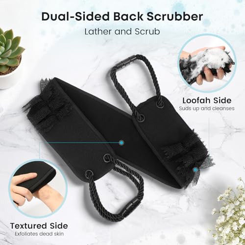 Back Scrubber with Handles for Shower, 40 Inches Dual-Sided Back Washer with Exfoliating Texture and Loofah for Men, Women and Elderly, Bath Back Exfoliator Body Cleaner for Deep Cleansing