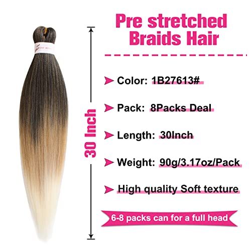 Unionbeauty Pre Streched Braiding Hair 30 Inch 8 Packs Ombre Brown Blonde Long Brading Hair Soft Yaki Texture Easy Braid Hair for Braids Hot Water Setting Synthetic Crochet Hair Extensions (1B27613#)