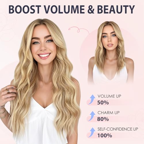 TESS Human Hair Extensions Halo Remy Hair 22 Inch Straight Adjustable Invisible Wire Easy to Use Clip in, Flax Yellow mixed Light gold