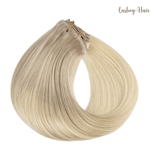 Clip in Hair Extensions Real Human Hair, 22 inch Ash Blonde to Golden Blonde and Platinum Blonde Lashey 120g 7pcs